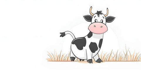 a cartoon cow with black eyes stands gracefully on a white background. 
