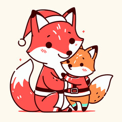 A cute cartoon fox and a baby fox wearing Santa hats.