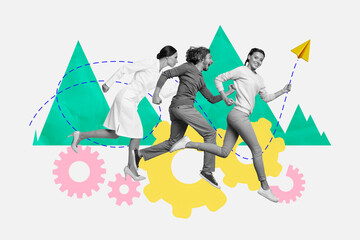 Collage artwork image of funny people running fast work career competition challenge isolated on creative background