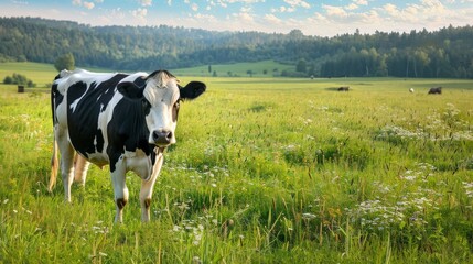 Fototapeta premium Cow grazing in a field with a message about the natural source of milk, pastoral and tranquil, ideal for ecofriendly dairy ads