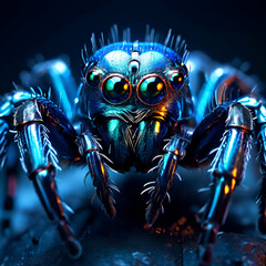 The glowing eyes of a large spider that emits light