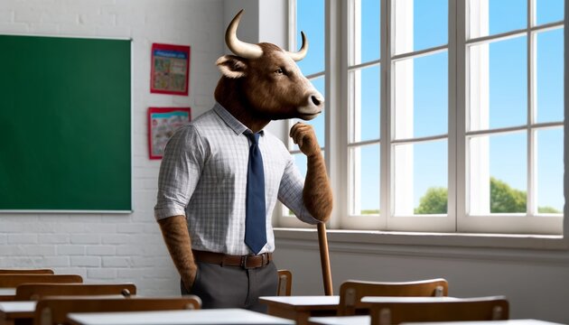 A bull wearing a shirt and tie is standing in a classroom, leaning against a chalkboard.