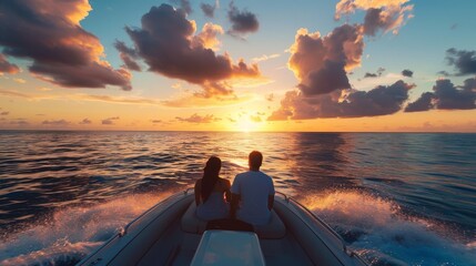 Couple enjoying a romantic sunset boat ride, serene and intimate, perfect for travel or cruise line Valentines promotions