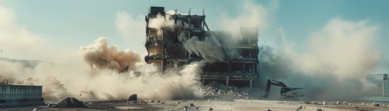 Controlled demolition of a building with dust clouds rising, emphasizing precision, suitable for engineering or demolition service ads