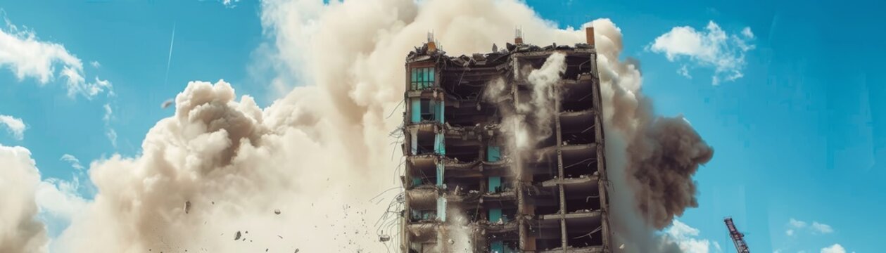 Controlled demolition of a building with dust clouds rising, emphasizing precision, suitable for engineering or demolition service ads