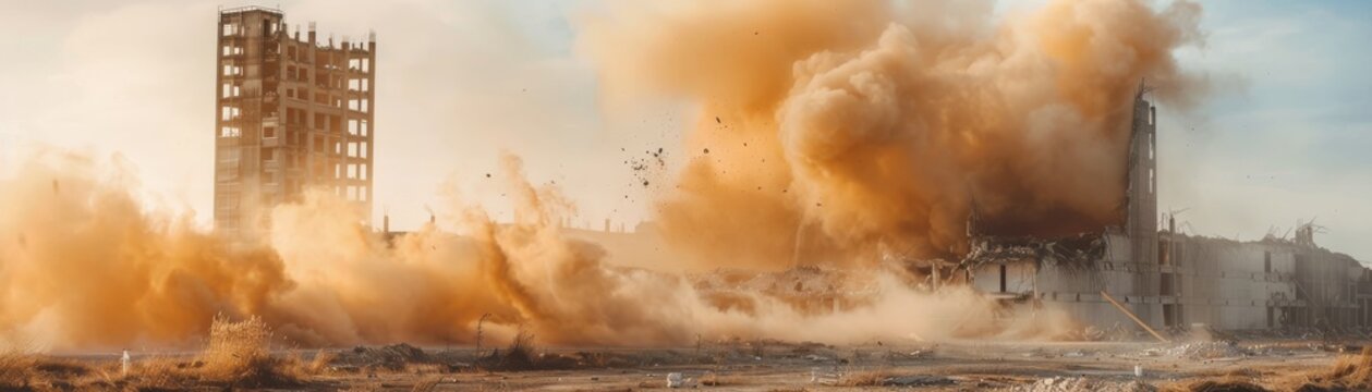 Controlled demolition of a building with dust clouds rising, emphasizing precision, suitable for engineering or demolition service ads