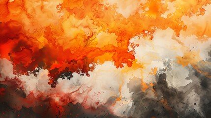 Capture the mesmerizing chaos of an aerial view catch fire in vivid watercolor strokes, blending orange and red flames with billowing smoke