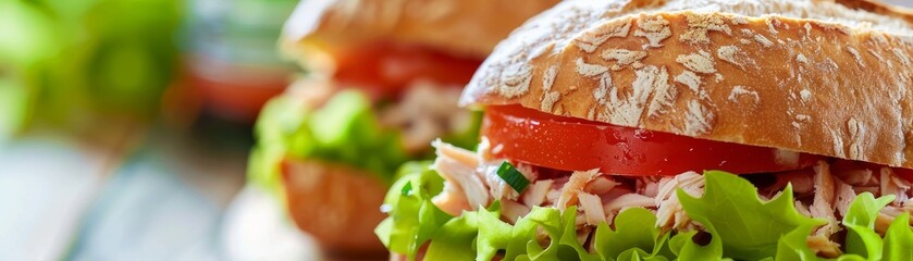 Closeup of tuna sandwich, detailed and appetizing, ideal for deli or fast casual restaurant menu promotions