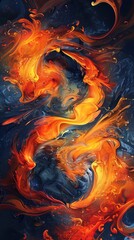 Illustrate a mesmerizing birds-eye view of a swirling flame, capturing its intricate dance with vivid orange and red hues in a hyper-realistic digital painting