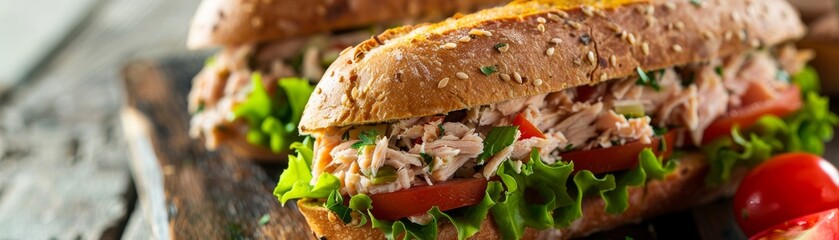 Closeup of tuna sandwich, detailed and appetizing, ideal for deli or fast casual restaurant menu promotions
