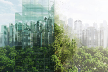 The fusion of city skyscrapers and lush green forests.

