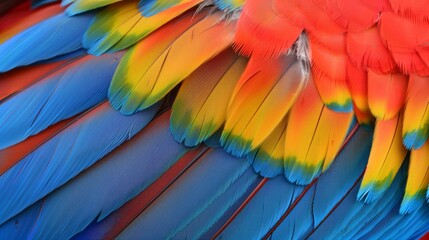 Obraz premium Closeup of a parrots bright feathers, emphasizing texture and color, suitable for highend pet accessory or bird food ads