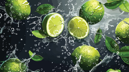 Fresh limes with water splashes on dark background Vector