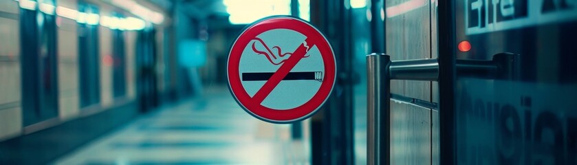 Closeup of a No Smoking sign on an office building, emphasizing a smokefree workplace, perfect for corporate health policy ads