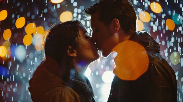 Closeup of a young couple kissing under a light rain, city lights blurred in the background, ideal for romantic movie posters