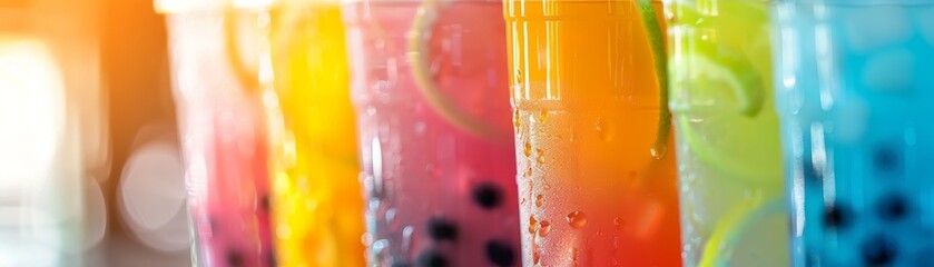 Closeup of a colorful bubble tea with tapioca pearls, crisp and refreshing look, ideal for summer drink menu advertisements