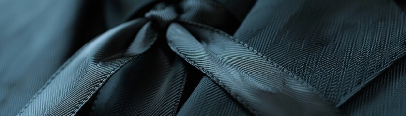 Closeup of a black ribbon on a suit lapel, subtle and poignant, ideal for memorial day services or tribute event promotions