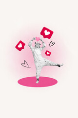 Composite artwork collage of smartphone heart notification fly around old senior funny wear unicorn costume dance share love stand one leg