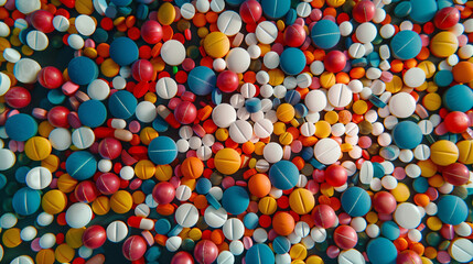 Fototapeta premium A top-down view showcasing masses of pharmaceutical pills filling the entire frame, creating a visually striking image composed entirely of pills. The sheer quantity of pills conveys abundance 