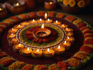 Happy Diwali greetings. Rangoli decoration with Diya or lamp