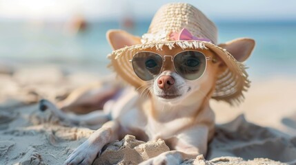 Chihuahua in a beachwear outfit, complete with sunglasses and sunhat, sandy beach setting, perfect for summer pet fashion ads