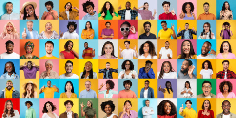 This image features a collage of various individuals showing happiness and diversity with vibrant...