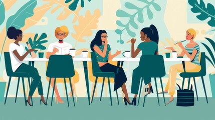 Book club meeting with members discussing over coffee, community and sharing theme, ideal for local book store or community center ads