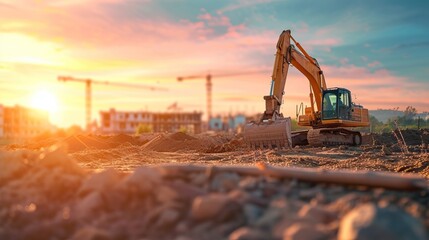Excavator on construction site at sunset with cranes in background.