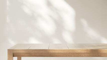 Minimal wooden counter table in dappled sunlight, leaf shadow on beige cream wall for modern, luxury fashion, beauty, cosmetic, skincare, body care, product background 3D