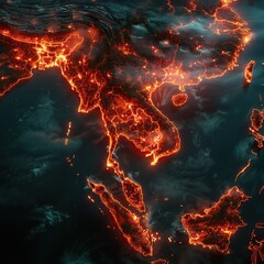 map of Southeast Asia. The map is made of lava. The lava is flowing through the streets and buildings. fire heatwave