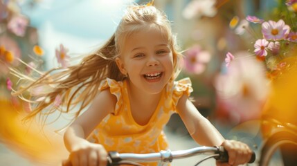 Obraz premium A toddler is happily riding a bicycle in a public space, with balloons in the background. Her smile and facial expression show she is having fun during a leisure event, sharing joy with others AIG50