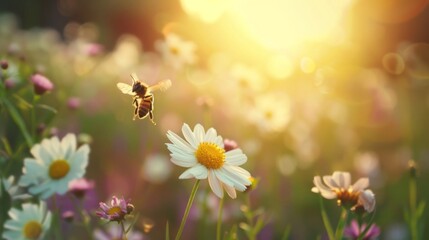 Bee flying over wildflowers in a meadow, peaceful and serene, perfect for wellness retreats or natureinspired product ads