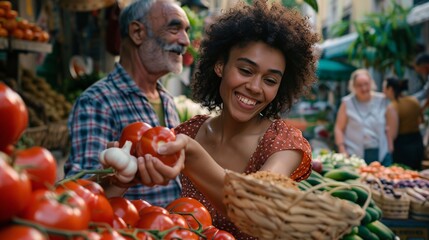 Obraz premium A woman is smiling as she holds a tomato in her hand