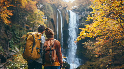 Young couple looking at waterfall on sunny autumn day
