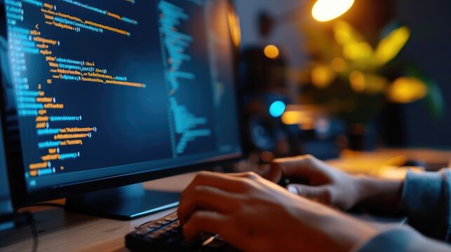 Close-up of a programmer's hands typing on a backlit keyboard, with lines of code displayed across multiple computer screens. AIG41