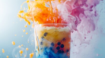 Artistic shot of bubble tea being mixed, dynamic swirl of colors, suitable for artistic or lifestyle drink promotions