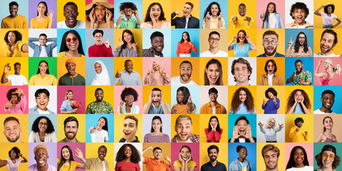 Fototapeta premium An engaging sequence of individuals representing multiracial diversity and a spectrum of emotions against vivid backgrounds