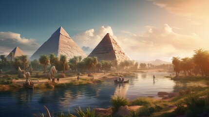 Ancient egypt civilization, people and workers building pyramids. Historic event, monument by nile river.