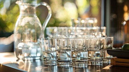 A tasting station with small glasses and water pitchers provided for guests to cleanse their palate in between sips. - obrazy, fototapety, plakaty