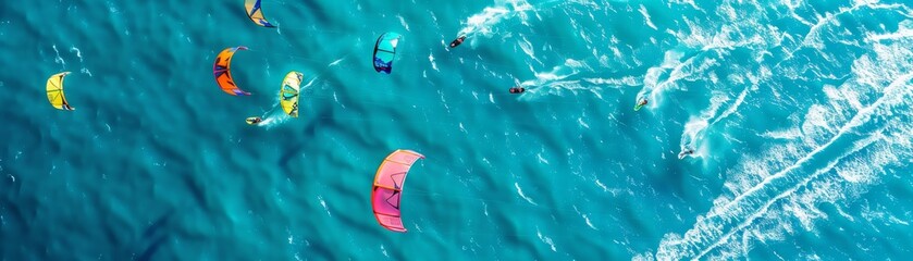 Aerial view of a kite surfing competition, vibrant kites on blue water, perfect for extreme sports or adventure travel ads - obrazy, fototapety, plakaty