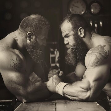 Monochrome image of two muscular bearded men in an intense arm wrestling match, evoking a classic, timeless feel.