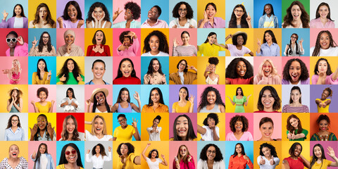 An array of joyous women from around the world smiling brightly, representing unity and diverse...