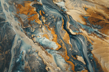 An aerial view of a dried-up riverbed after being washed away by the river, with a vast expanse of land.

