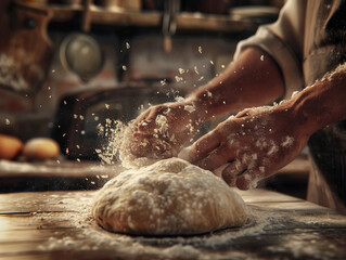 A close-up of hands kneading dough on a wooden table, flour dusting the air, warm kitchen background with rustic tools and an old oven. - Powered by Adobe