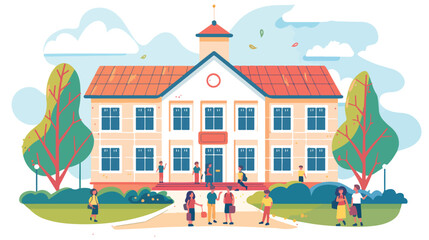 School building of primary with students Vector illustration