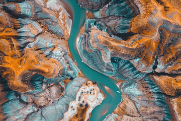 An aerial view of a dried-up riverbed after being washed away by the river, with a vast expanse of land.

