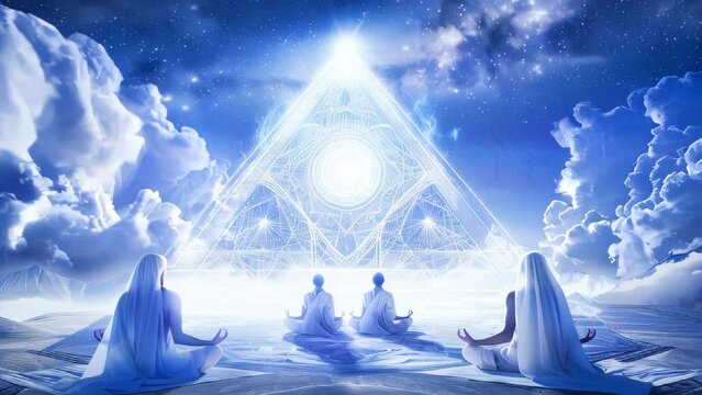 Beings of light meditating around a light pyramid of wisdom