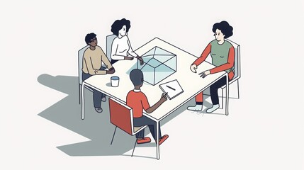 woman in her late thirties, wearing business casual attire and holding a pen with focus on the hand while talking during a meeting at an office table