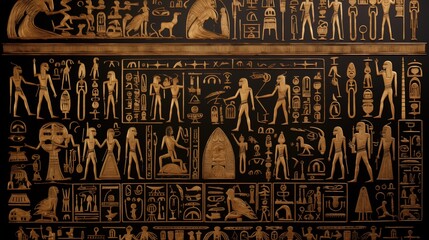 Ancient Egyptian hieroglyphs and symbols on a black wall.