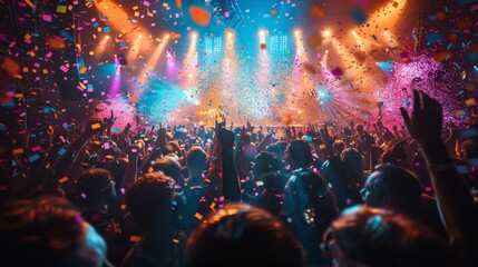 Panoramic shot of a vibrant nightclub audience cheering under colorful stage lights and confetti, set against a dark background, captured in hyperrealistic detail,